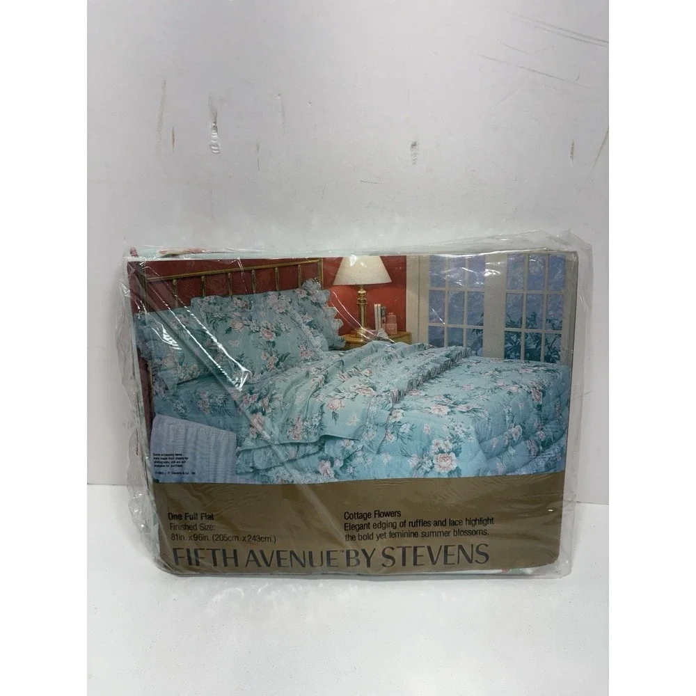 Fifth Avenue By Stevens Cottage Flowers Floral Blue  Full Flat Sheet Ruffle Lace